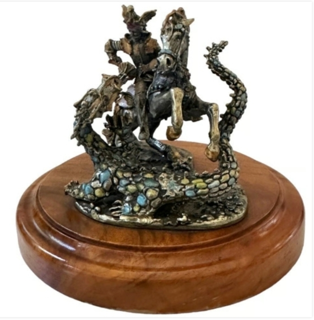 Vintage St. George Fighting the Dragon Bronze Statue Warrior Figurine Wood Base - Picture 5 of 11